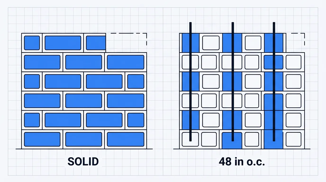 Cross-section of a block wall grouted solid versus partially at 48 inches on center