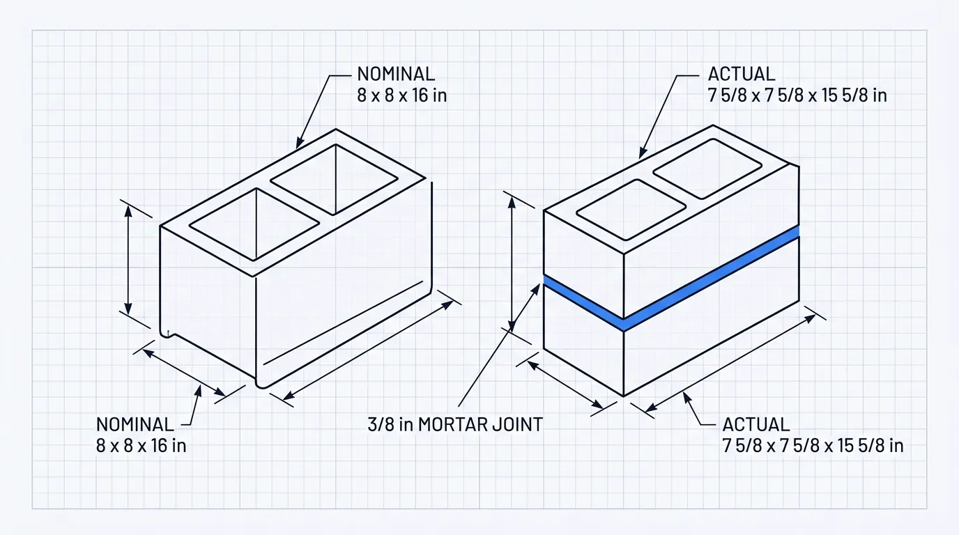 Diagram comparing a nominal 8 by 8 by 16 inch block to its actual 7 5/8 by 7 5/8 by 15 5/8 inch size
