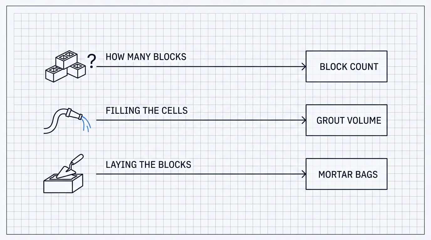 Decision diagram mapping three masonry jobs to the calculator each one needs